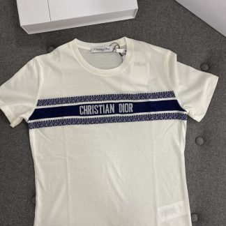 Replica Dior Women's T Shirt White and Navy Blue Cotton Jersey #3291