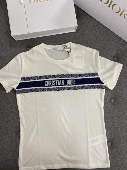 Replica Dior Women's T Shirt White and Navy Blue Cotton Jersey #3291