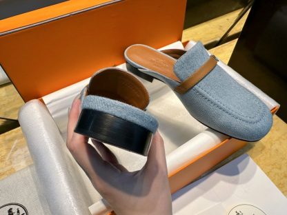  Hermes Women's IENA Mule Denim With Calfskin #3340 - Image 2