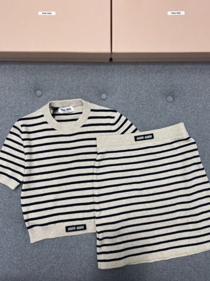 Replica Miu Miu Cotton crew-neck sweater with Skirt set 2024 #3317