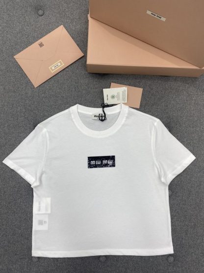 Replica Miu Miu Cotton sequin T-shirt Women white 2024 #3311