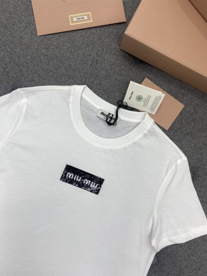 Miu Miu Cotton sequin T-shirt Women white 2024 #3311 - Image 13
