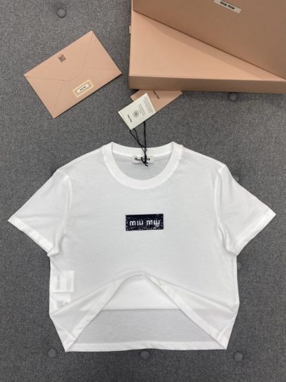  Miu Miu Cotton sequin T-shirt Women white 2024 #3311 - Image 16