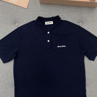 Replica Miu Miu Cotton knit polo shirt Navy Women 2024 #3313