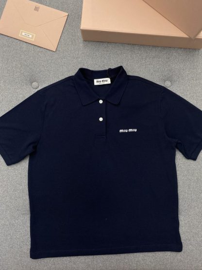 Replica Miu Miu Cotton knit polo shirt Navy Women 2024 #3313