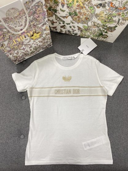 Replica Dior Women's T Shirt White and Gold with butterfly #3292