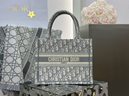Replica Small Dior Book Tote Ecru and Gray Dior Oblique Embroidery #3276