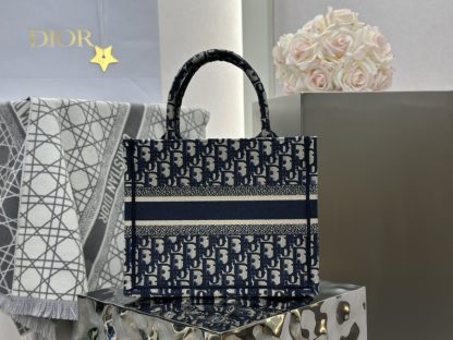  Small Dior Book Tote Ecru and Blue Dior Oblique Embroidery #3275 - Image 6