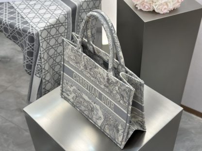  Medium Dior Book Tote Ecru and Gray Toile de Jouy Embroidery #3272 - Image 7