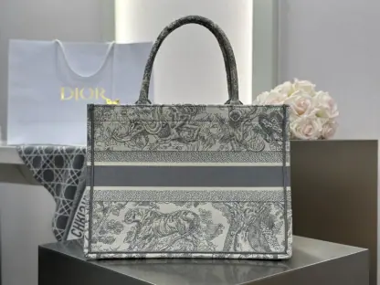  Medium Dior Book Tote Ecru and Gray Toile de Jouy Embroidery #3272 - Image 8
