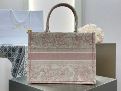  Medium Dior Book Tote Ecru and Pink Toile de Jouy Embroidery #3271 - Image 6
