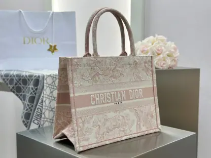  Medium Dior Book Tote Ecru and Pink Toile de Jouy Embroidery #3271 - Image 7