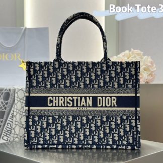 Replica Dior Medium Dior Book Tote Ecru and Blue Dior Oblique Embroidery #3264