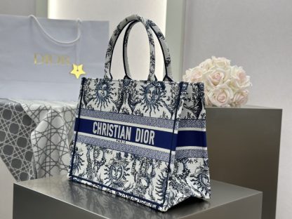  Medium Dior Book Tote White and Navy Blue Toile de Jouy Soleil Embroidery #3274 - Image 5