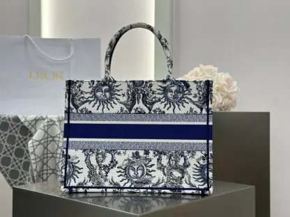  Medium Dior Book Tote White and Navy Blue Toile de Jouy Soleil Embroidery #3274 - Image 6