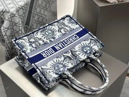  Medium Dior Book Tote White and Navy Blue Toile de Jouy Soleil Embroidery #3274 - Image 7