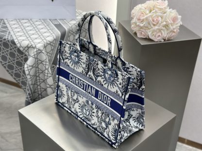  Medium Dior Book Tote White and Navy Blue Toile de Jouy Soleil Embroidery #3274 - Image 8