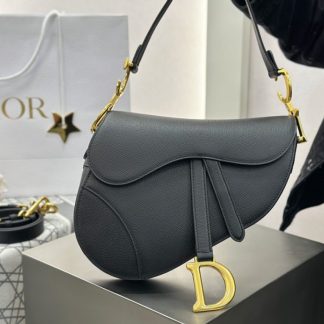 Replica Saddle Bag with Strap Black Grained Calfskin #3258