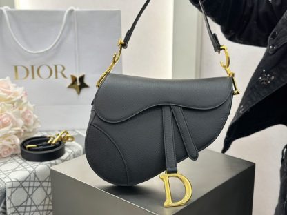 Replica Saddle Bag with Strap Black Grained Calfskin #3258