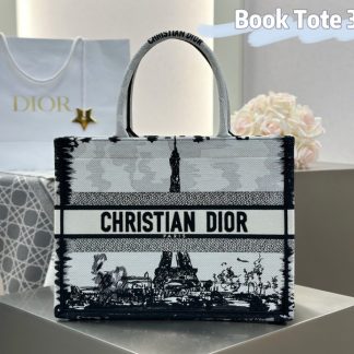 Replica Medium Dior Book Tote White and Black Paris Embroidery #3267