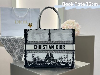 Replica Medium Dior Book Tote White and Black Paris Embroidery #3267