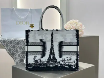  Medium Dior Book Tote White and Black Paris Embroidery #3267 - Image 18