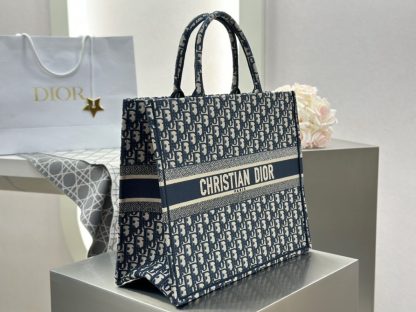  Large Dior Book Tote Ecru and Blue Dior Oblique Embroidery #3268 - Image 5