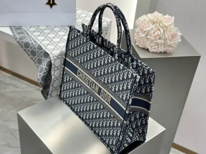  Large Dior Book Tote Ecru and Blue Dior Oblique Embroidery #3268 - Image 7