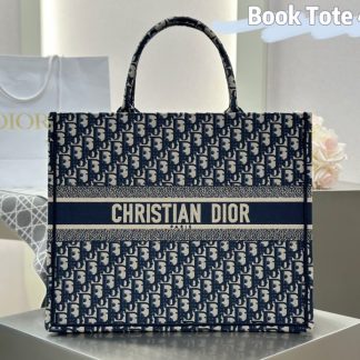 Replica Large Dior Book Tote Ecru and Blue Dior Oblique Embroidery #3268
