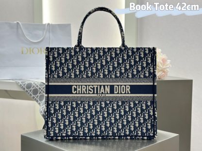 Replica Large Dior Book Tote Ecru and Blue Dior Oblique Embroidery #3268