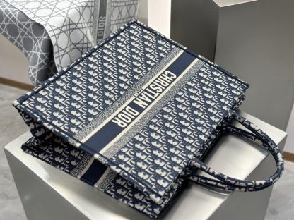  Large Dior Book Tote Ecru and Blue Dior Oblique Embroidery #3268 - Image 8
