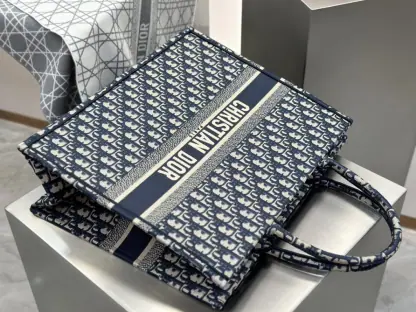  Large Dior Book Tote Ecru and Blue Dior Oblique Embroidery #3268 - Image 8