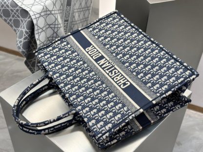  Large Dior Book Tote Ecru and Blue Dior Oblique Embroidery #3268 - Image 9