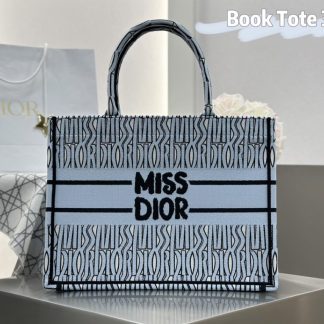 Replica Dior Medium Dior Book Tote Pale Blue and Black Miss Dior Allover Embroidery #3262
