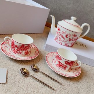 Replica Dior Coffee Set Coffee Saucer Cup Pot Spoon 7 pcs set Burgundy Toile de Jouy Tiger #3461