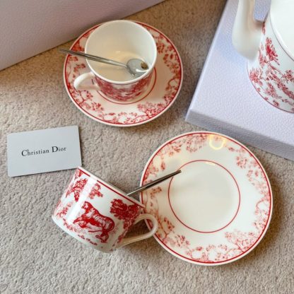  Dior Coffee Set Coffee Saucer Cup Pot  Spoon 7 pcs set Burgundy Toile de Jouy Tiger #3461 - Image 4