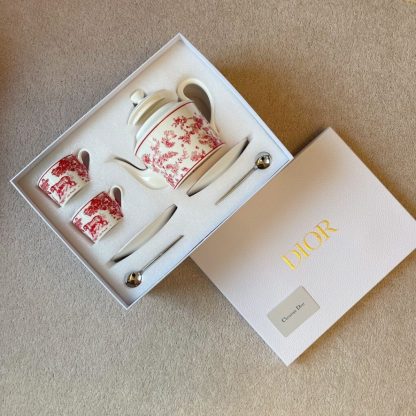  Dior Coffee Set Coffee Saucer Cup Pot  Spoon 7 pcs set Burgundy Toile de Jouy Tiger #3461 - Image 3
