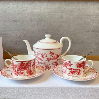  Dior Coffee Set Coffee Saucer Cup Pot  Spoon 7 pcs set Burgundy Toile de Jouy Tiger #3461 - Image 5