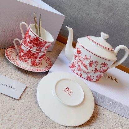  Dior Coffee Set Coffee Saucer Cup Pot  Spoon 7 pcs set Burgundy Toile de Jouy Tiger #3461 - Image 7