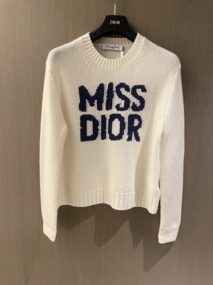Replica Dior Ecru Cashmere and Silk Knit with Blue Miss Dior Graffiti Motif Sweater #3416