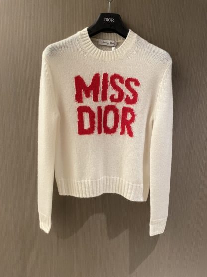 Replica Dior Ecru Cashmere and Silk Knit with Red Miss Dior Graffiti Motif Sweater #3415
