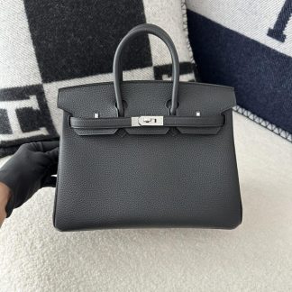 Replica Hermes Birkin 25cm CK89 Noir Handmade Hand Stitching Togo Sliver #3526