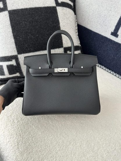 Replica Hermes Birkin 25cm CK89 Noir Handmade Hand Stitching Togo Sliver #3526