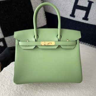 Replica Hermes Birkin 25cm 3I Vert Criquet Handmade Hand Stitching Epsom Gold #3523
