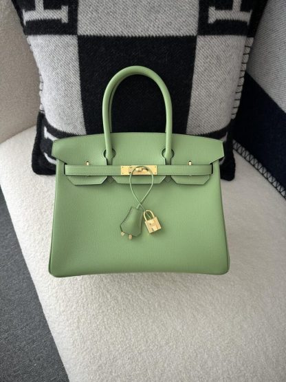  Hermes Birkin 30cm 3I Vert Criquet Handmade Hand Stitching Epsom Gold #3523 - Image 13