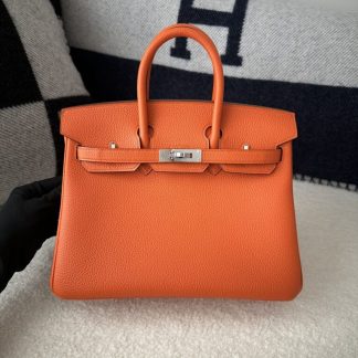 Replica Hermes Birkin 25cm CK93 Orange Handmade Hand Stitching Togo Sliver #3517