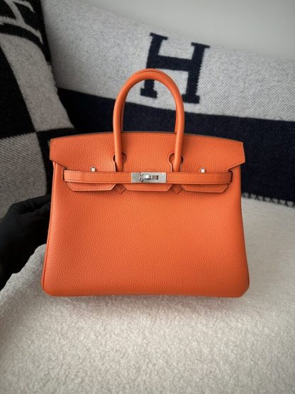 Replica Hermes Birkin 25cm CK93 Orange Handmade Hand Stitching Togo Sliver #3517