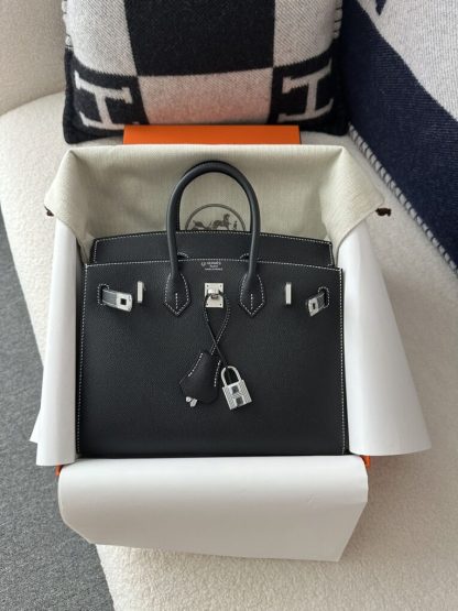  Hermes Birkin 25cm CK89 Noir Handmade Hand Stitching Epsom Sliver #3512 - Image 12