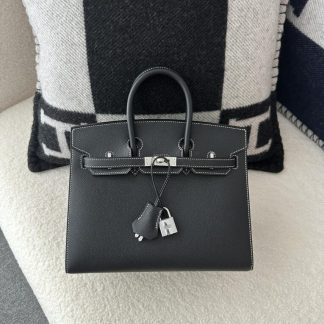 Replica Hermes Birkin 25cm CK89 Noir Handmade Hand Stitching Epsom Sliver #3512