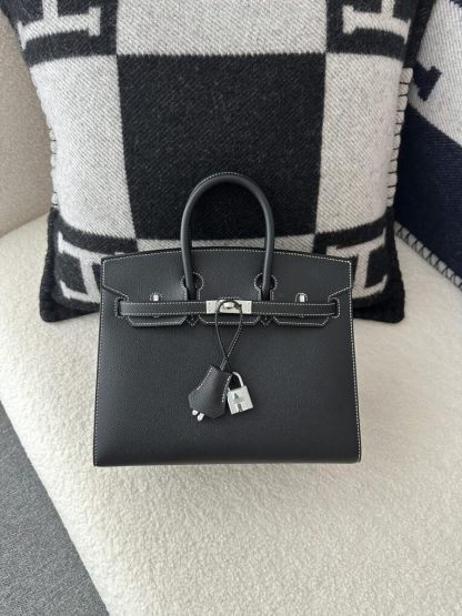 Replica Hermes Birkin 25cm CK89 Noir Handmade Hand Stitching Epsom Sliver #3512
